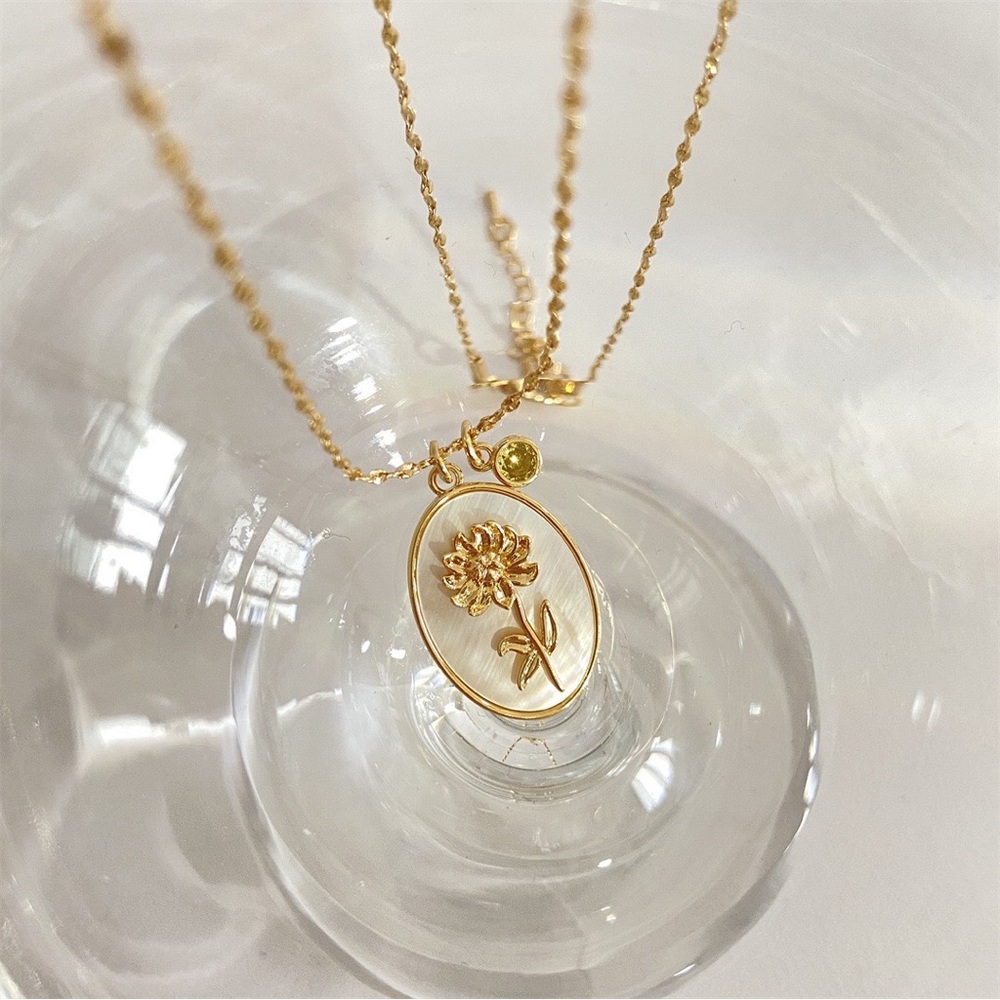 New Birth Flower Necklace with Birthstone Gold Necklace, Mother of Pearl Pendant